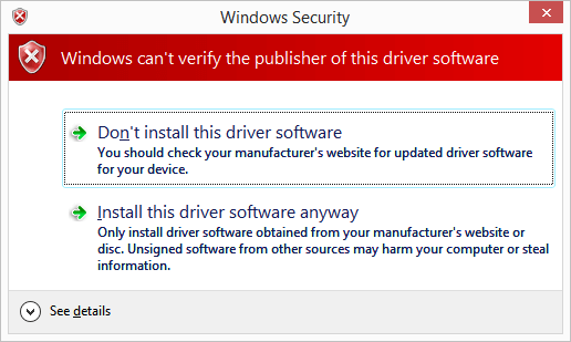 Figure 5. Windows Security: Windows can't verify the publisher of this driver software
