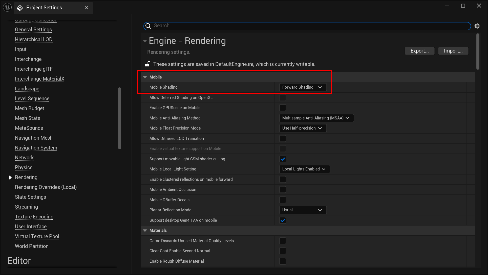 Standalone Mode (Mobile) - Rendering Settings - Mobile Shading