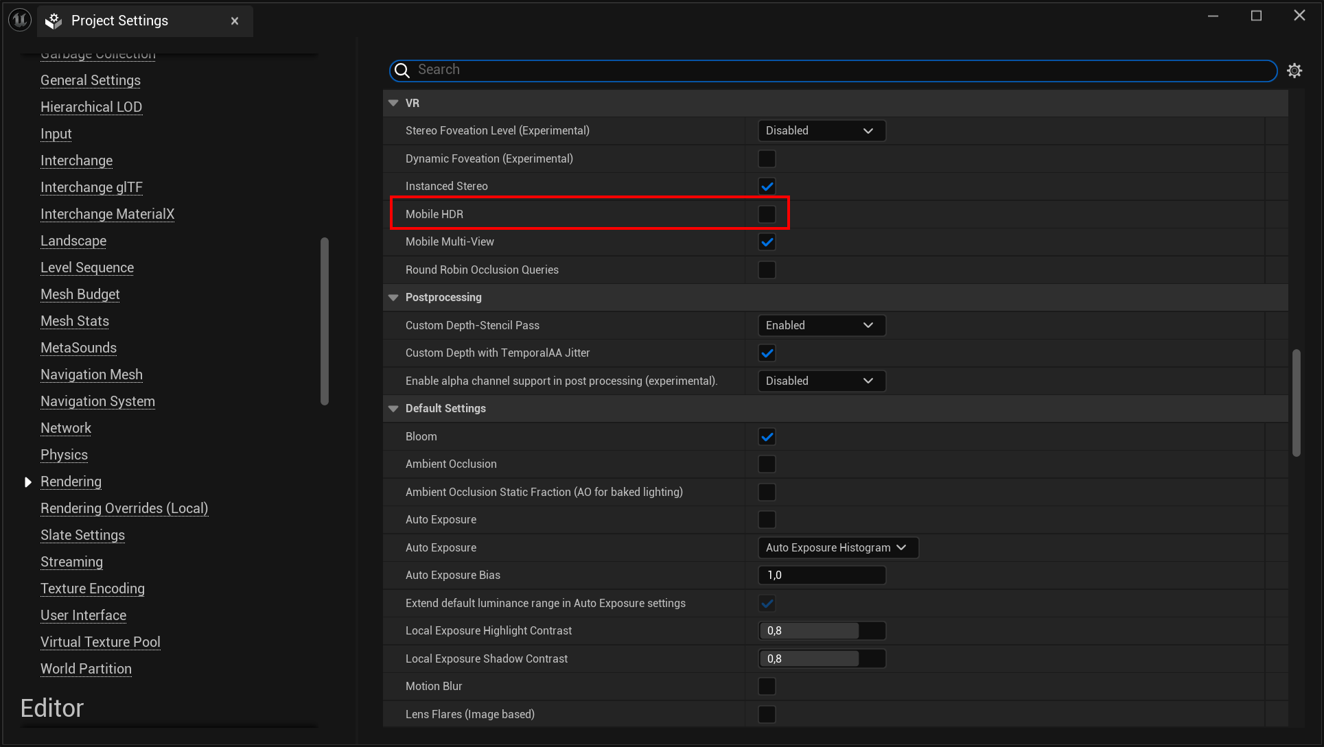 Standalone Mode (Mobile) - Rendering Settings - VR